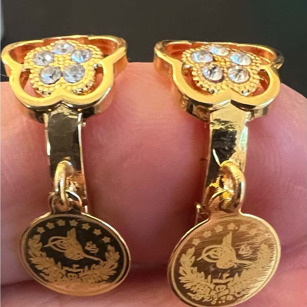 Gold toned Earrings Crystal Studded Stones Dangling Tughra Coin Charm